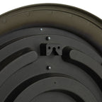 Close-up of the clock's dark rear backing, showing curved raised ribs, screws and a central hanging bracket with a keyhole-shaped opening.