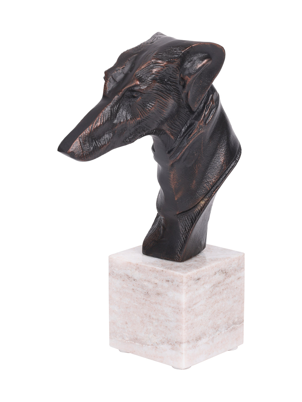 Three-quarter view of a dark greyhound head and neck sculpture on a pale marble block base.