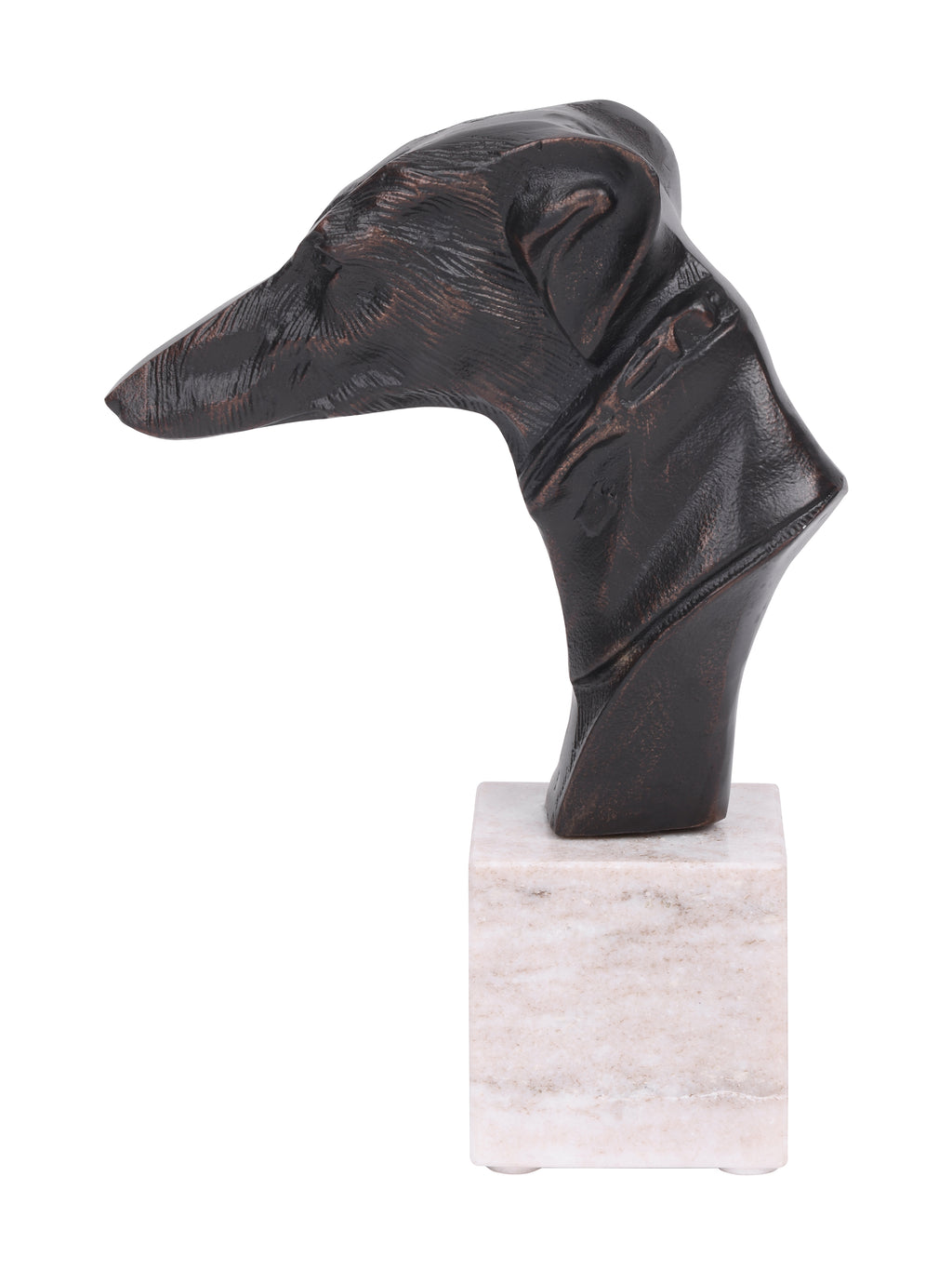 Side profile of the greyhound sculpture, showing its long muzzle, folded ear and textured neck above the marble base.
