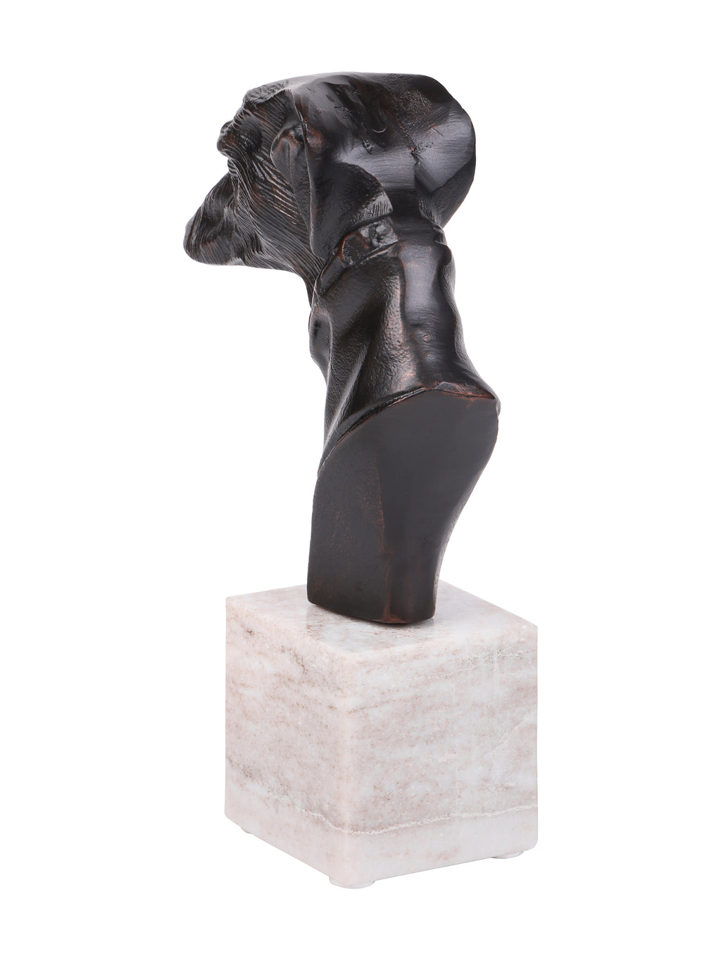 Rear three-quarter view showing the shaped back of the greyhound’s head and neck on its pale marble base.
