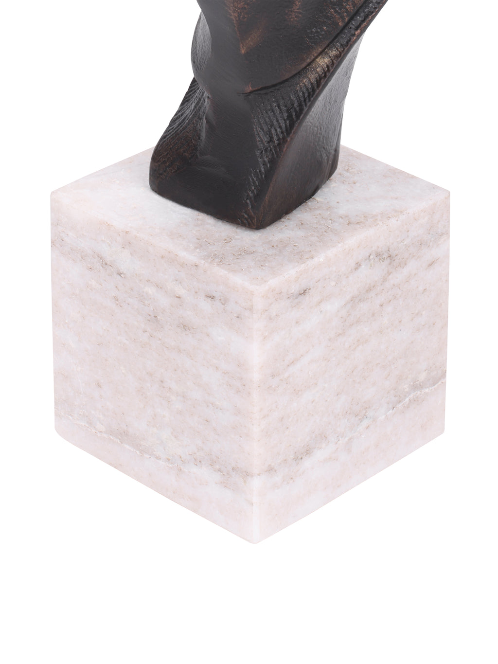 Close-up of the sculpture’s dark lower neck and pale marble block base with subtle tonal markings.