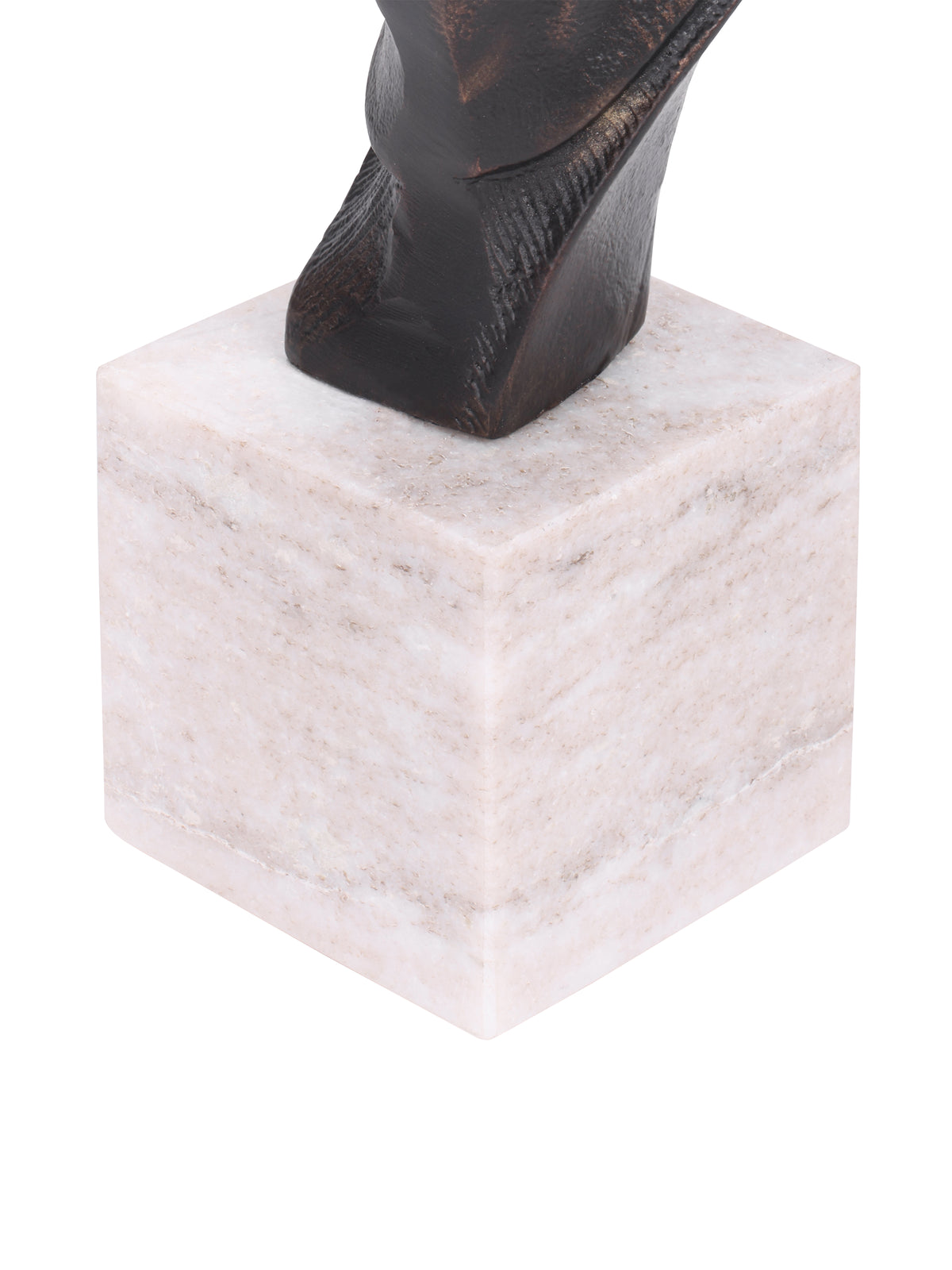 Close-up of the sculpture’s dark lower neck and pale marble block base with subtle tonal markings.