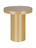 Angled view of a round side table with a square ceramic tile grid, gold-tone rim and cylindrical gold-tone pedestal base against a white background.