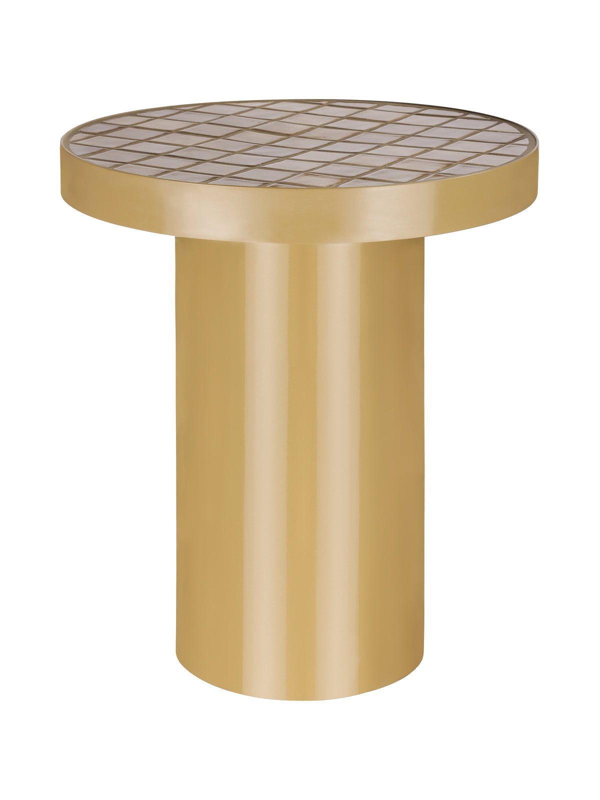 Angled view of a round side table with a square ceramic tile grid, gold-tone rim and cylindrical gold-tone pedestal base against a white background.