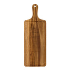 Full face of a long brown serving board with a perimeter groove, curved shoulders and rounded handle with a circular hole.