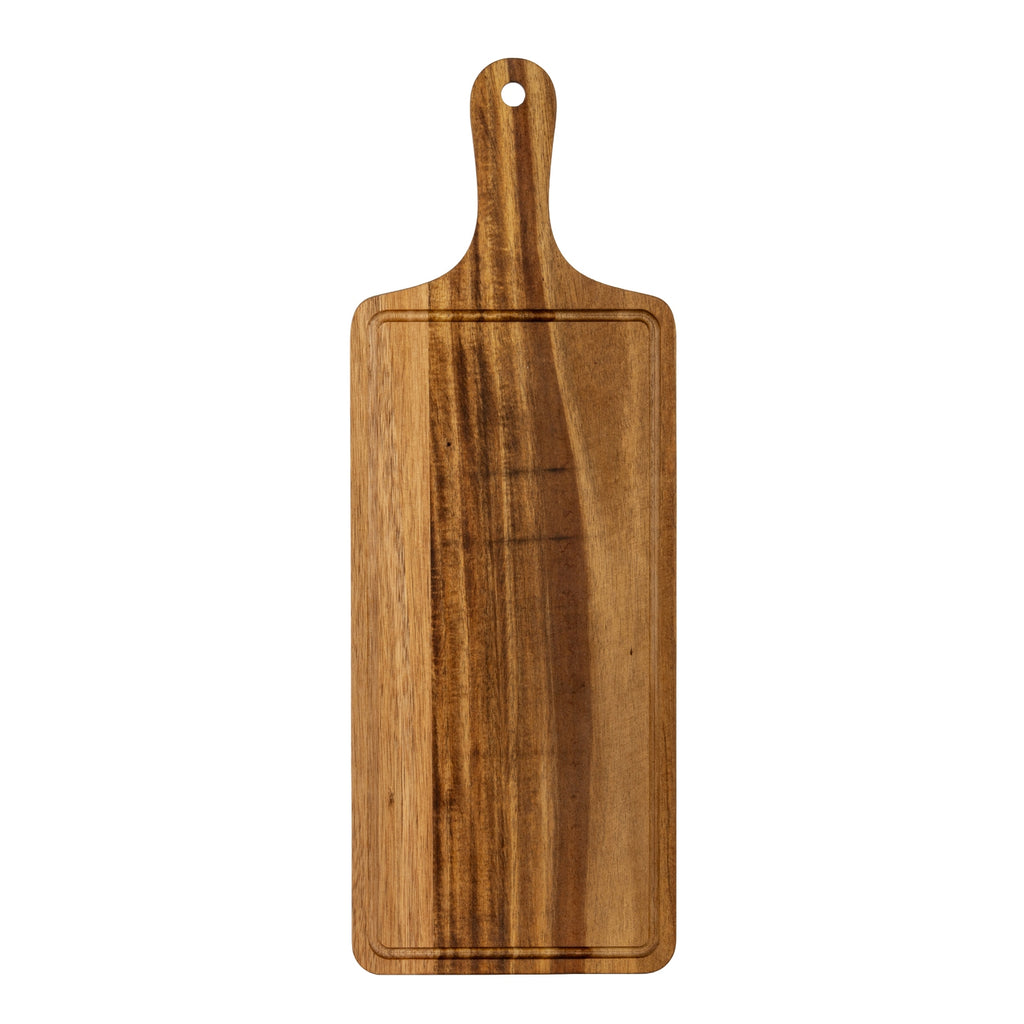 Full face view of a brown serving board with contrasting lengthwise grain, a recessed border and a long rounded handle with a circular hole.