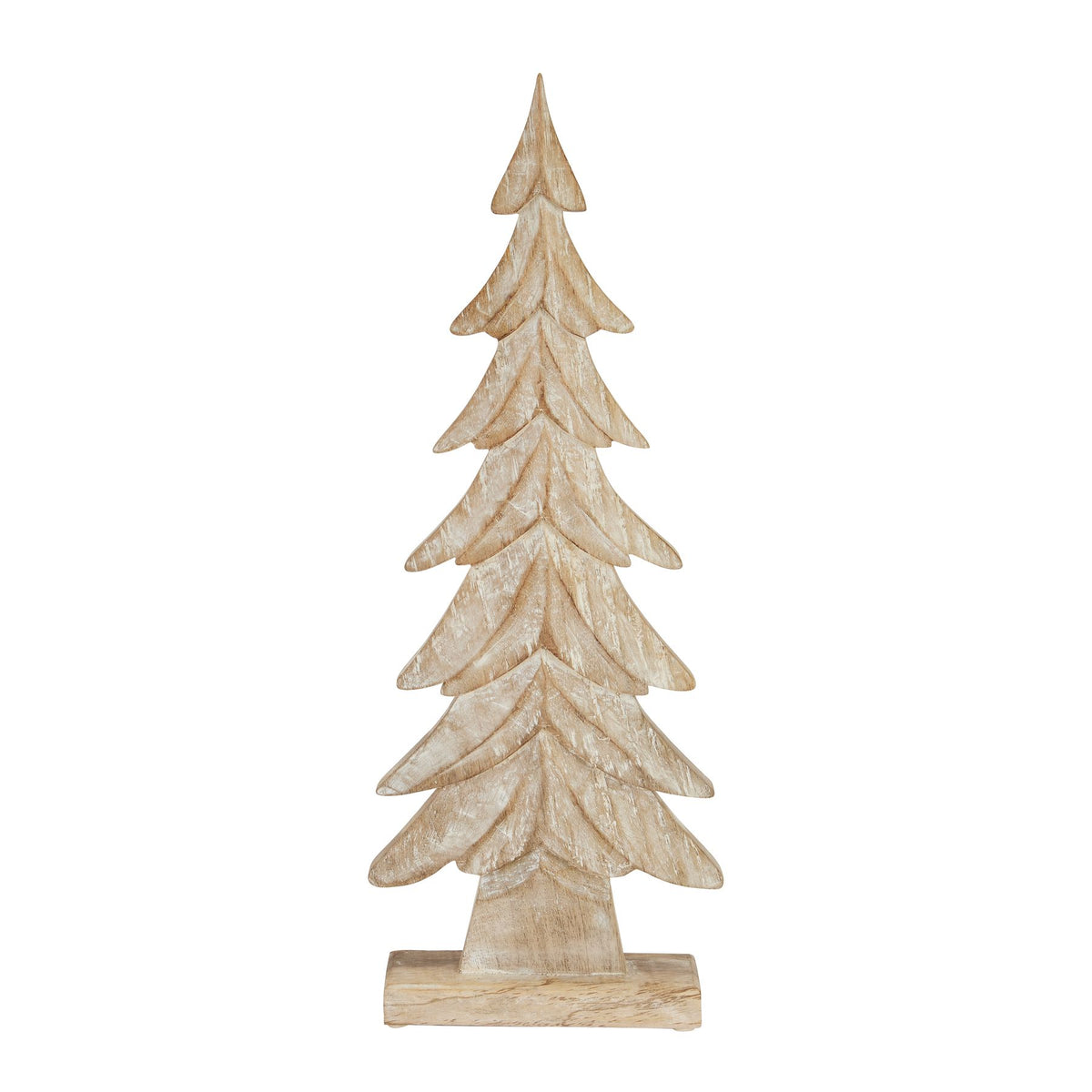 Front view of a whitewashed standing tree decoration with tiered branches, curved grooves and a rectangular foot.