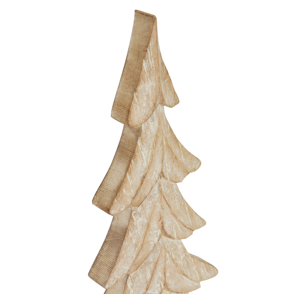 Angled close-up of the tree decoration's pointed top and upper branches, showing pale distressed marks and grooved detail.