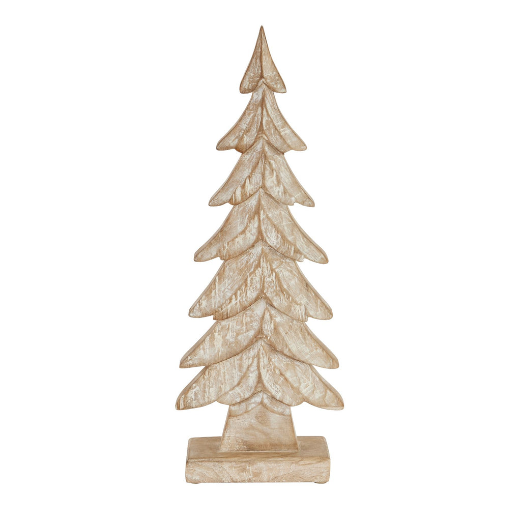 Front view of a whitewashed tree decoration with seven tiered branches, a pointed top and a rectangular foot.