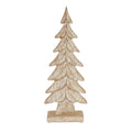 Front view of a whitewashed tree decoration with seven tiered branches, a pointed top and a rectangular foot.
