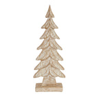 Front view of a whitewashed tree decoration with seven tiered branches, a pointed top and a rectangular foot.