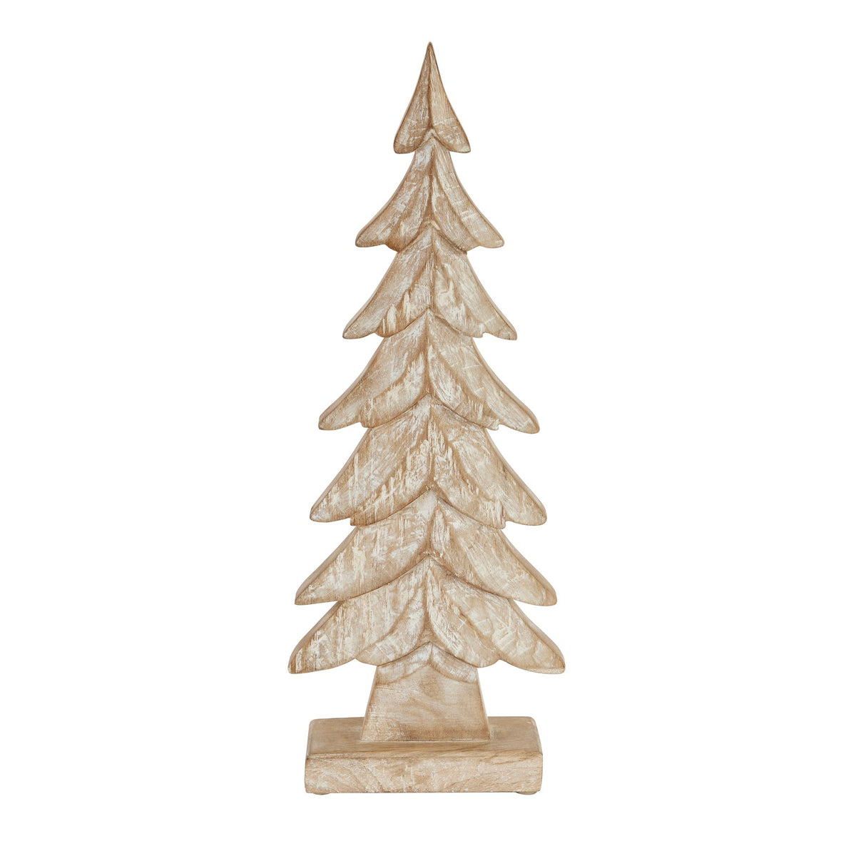 Front view of a whitewashed tree decoration with seven tiered branches, a pointed top and a rectangular foot.