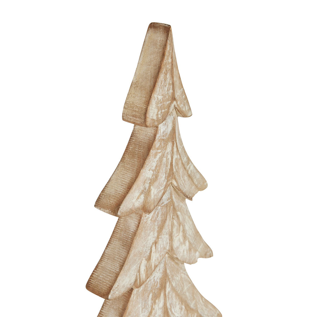 Angled detail of the tree decoration's pointed crown and upper tiers, showing brown side edges and pale markings across the grooved front.