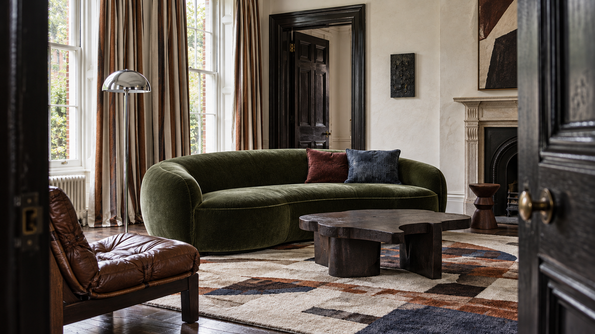 Layered living room with a curved green velvet sofa, sculptural dark wood coffee table and period fireplace.