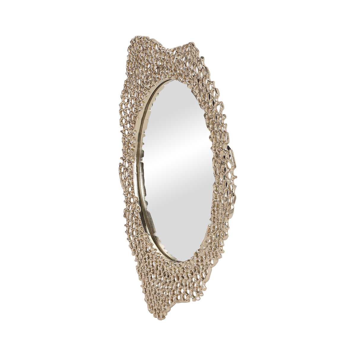 Angled view showing the oval glass and shallow relief of the gold cellular frame.