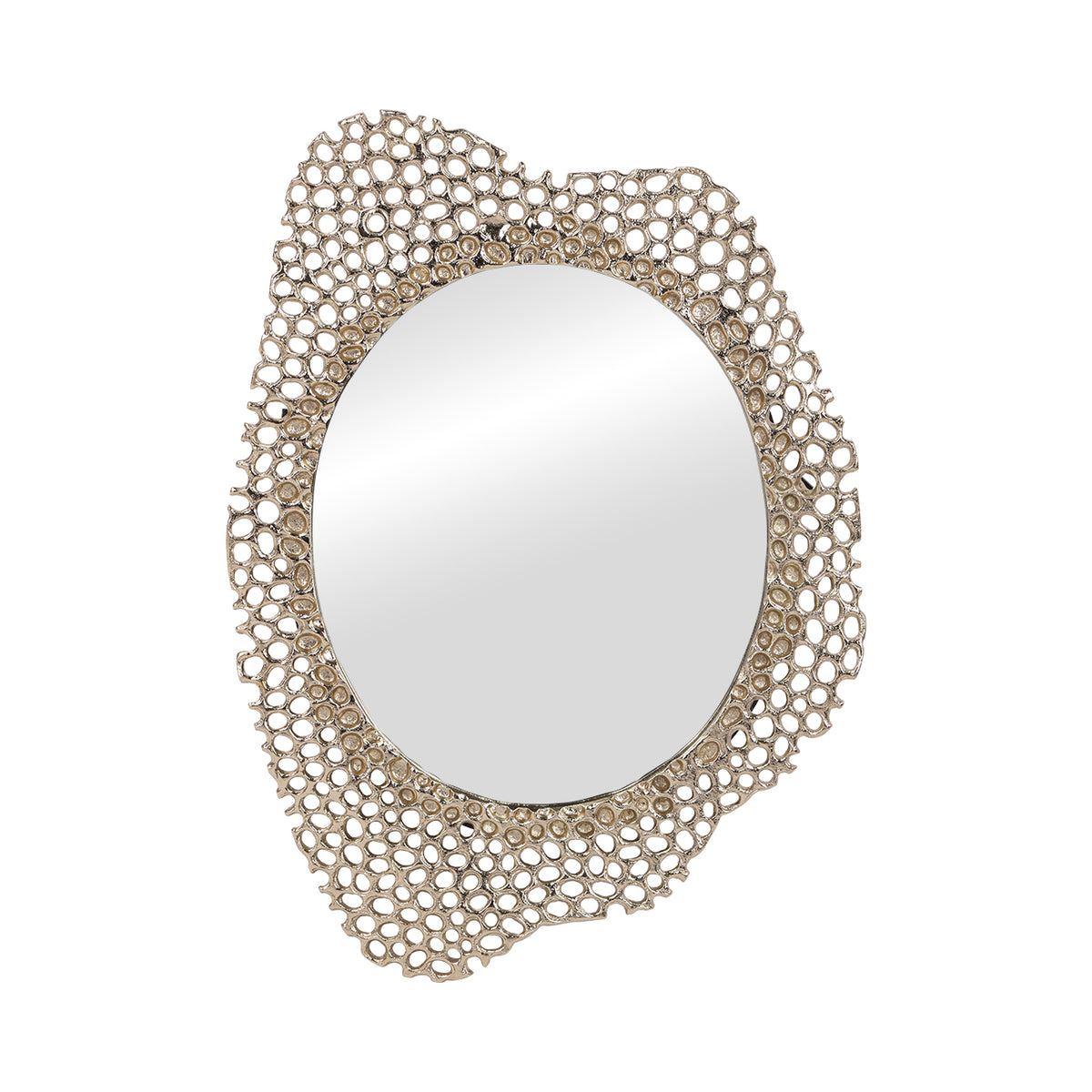 Front view of an oval mirror with a wide, asymmetric gold surround formed from irregular open cells.
