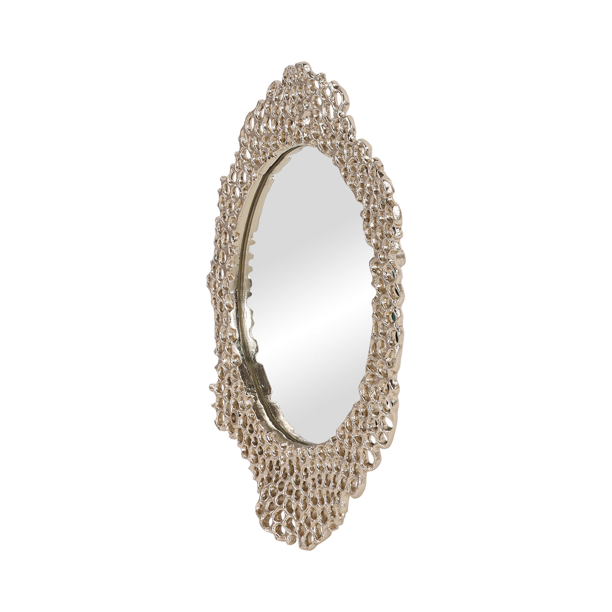 Angled view showing the sculpted depth of the openwork frame around the oval glass.