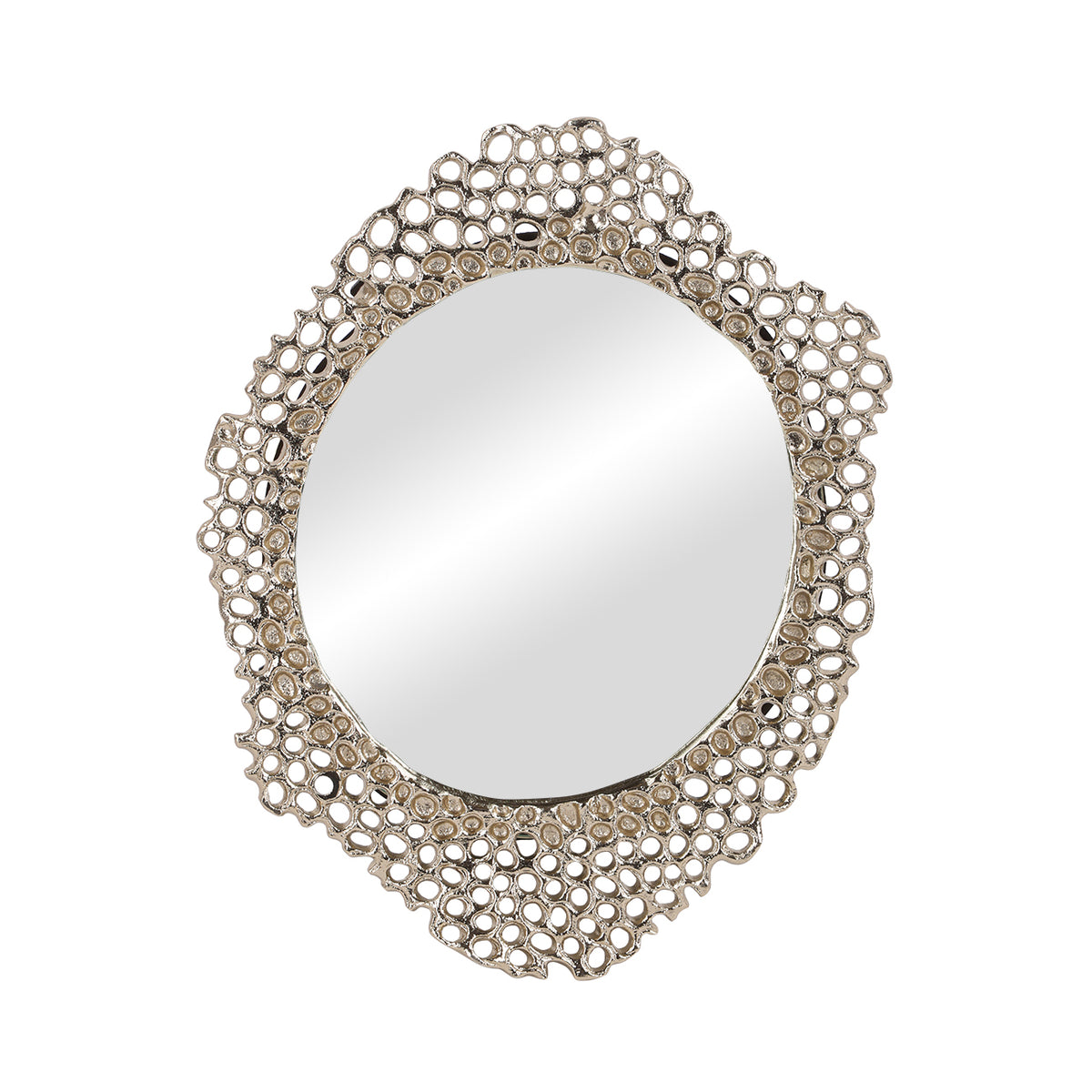 Front view of the oval mirror with an asymmetric warm gold frame of irregular openwork.