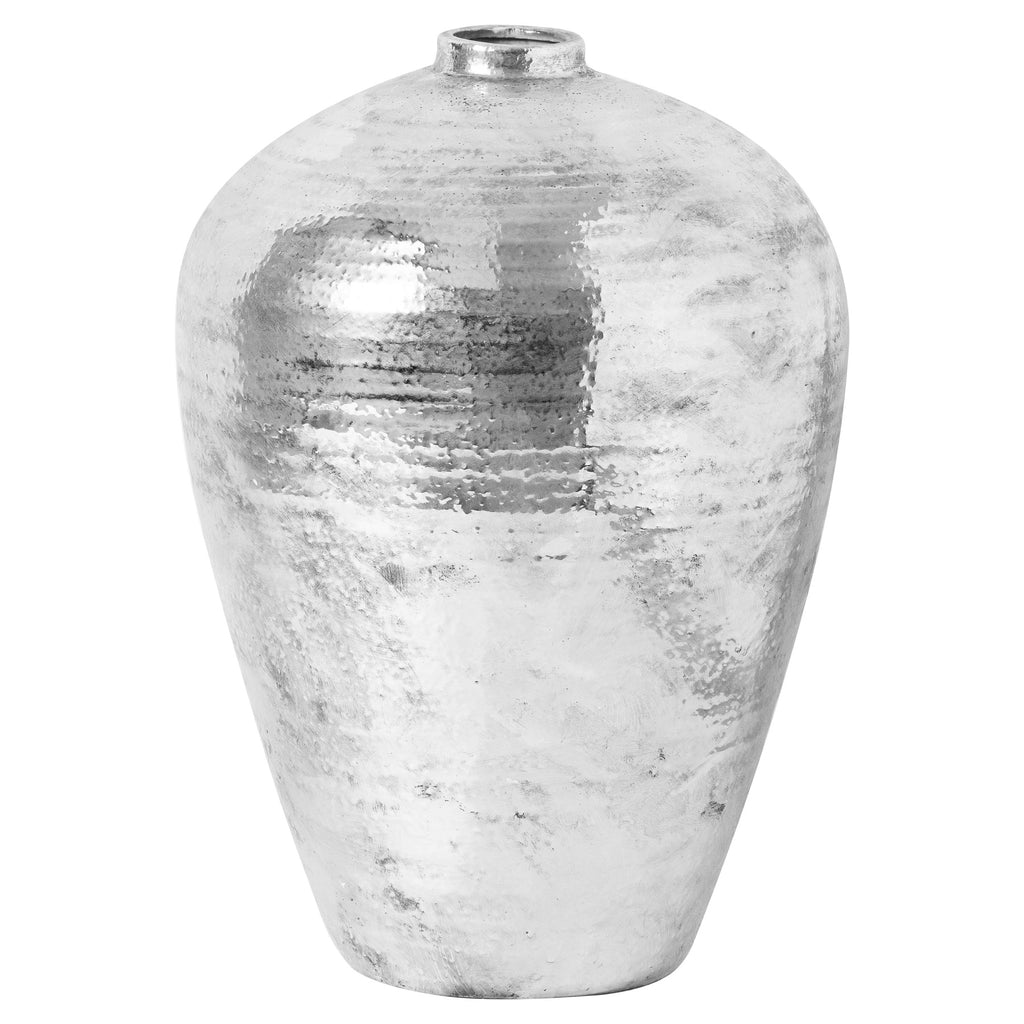 Full view of the Hammered Cloud Vase — Large, showing its rounded shoulders, narrow raised neck and cloudy white finish with reflective silver patches.