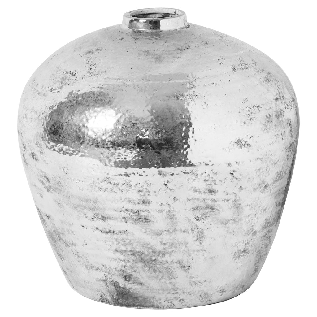 Broad rounded vase with a short raised neck and mottled silver-and-white finish against a white background.