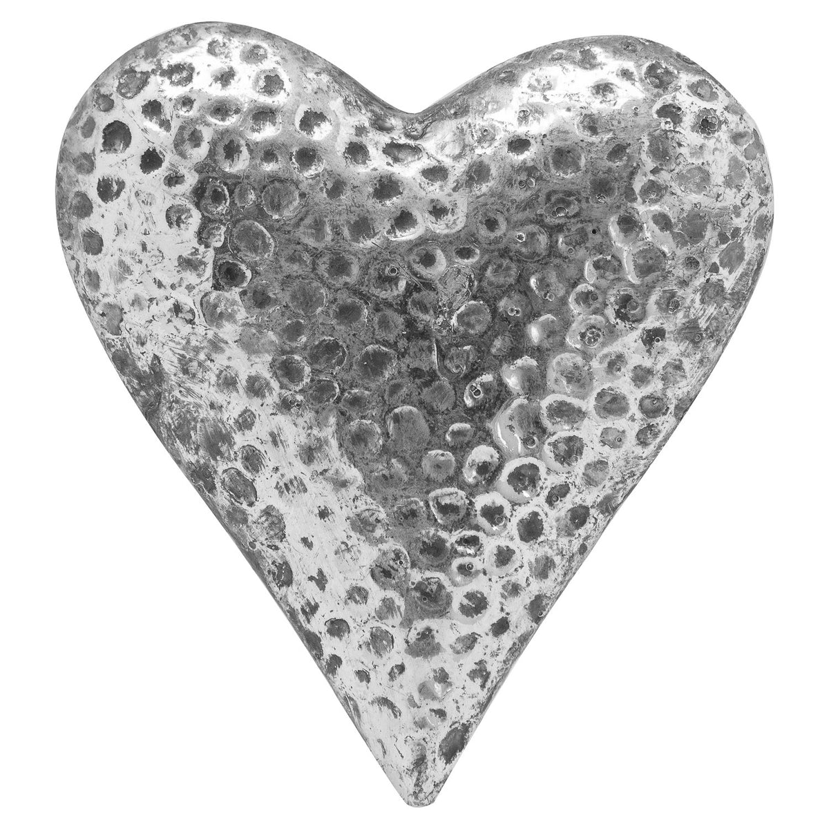 Silver-grey heart ornament shown from the front on white, with rounded upper lobes, a long pointed tip and a mottled surface covered in circular hammered-looking marks.