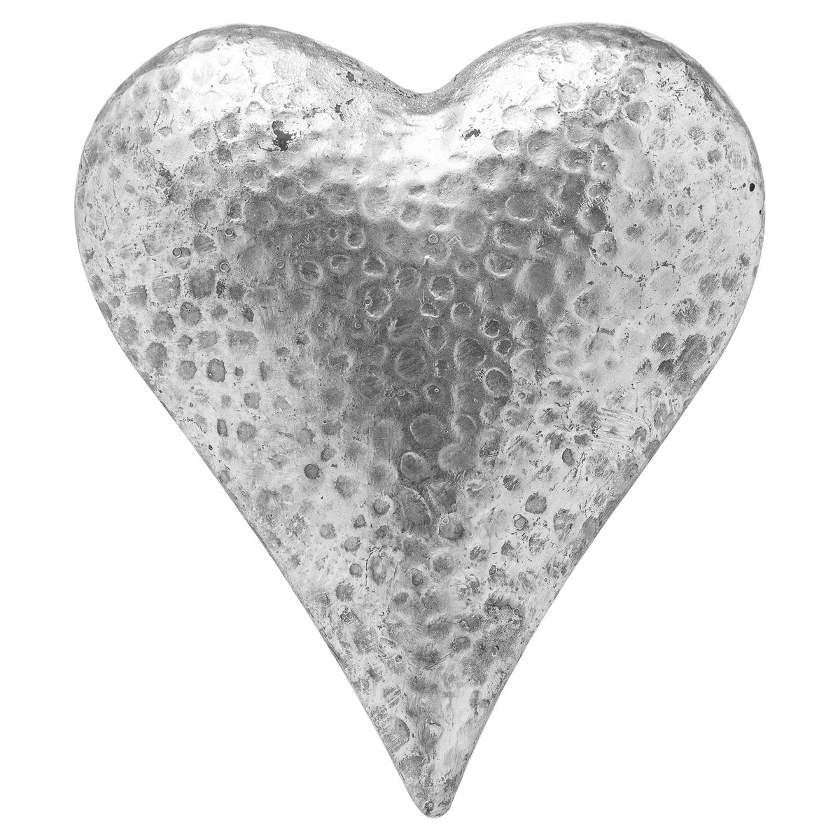 Silver-grey heart ornament viewed from the front against white, showing rounded lobes, a pointed tip and a mottled, dimpled surface.