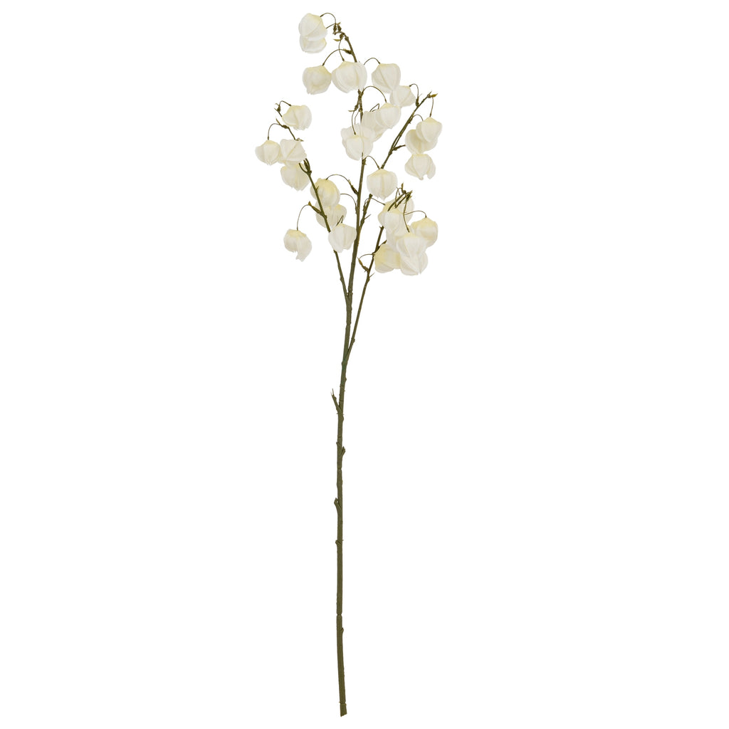 Full view of an artificial botanical spray with a long olive-green stem and branching white lantern-shaped forms on a white background.