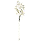Full view of an artificial botanical spray with a long olive-green stem and branching white lantern-shaped forms on a white background.