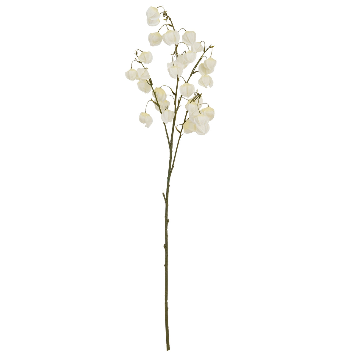 Full view of an artificial botanical spray with a long olive-green stem and branching white lantern-shaped forms on a white background.