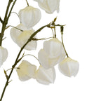 Detail of two white lantern forms hanging beneath a diagonal green branch, with small pointed green details at the stem junctions.