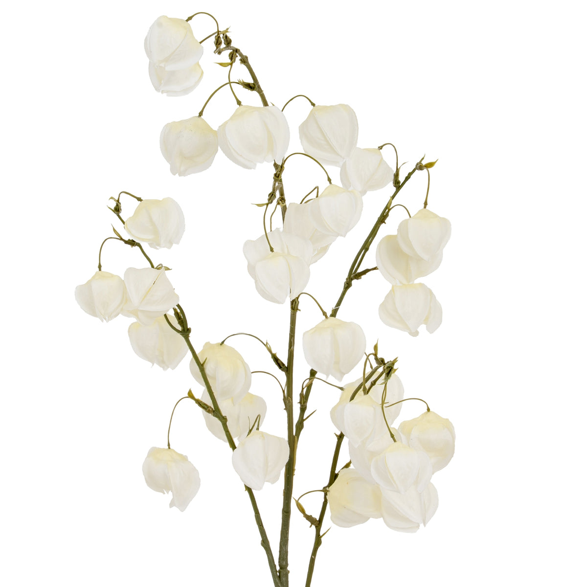 Upper branches of the artificial spray, showing numerous white lantern forms hanging at different heights from curved green stalks.