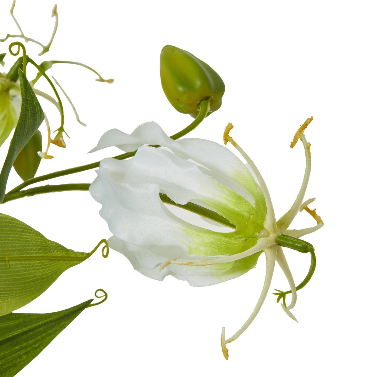 Close-up of a white artificial flower with rippled petals, pale green shading and curved tendrils beside a green bud and curled leaf tips.