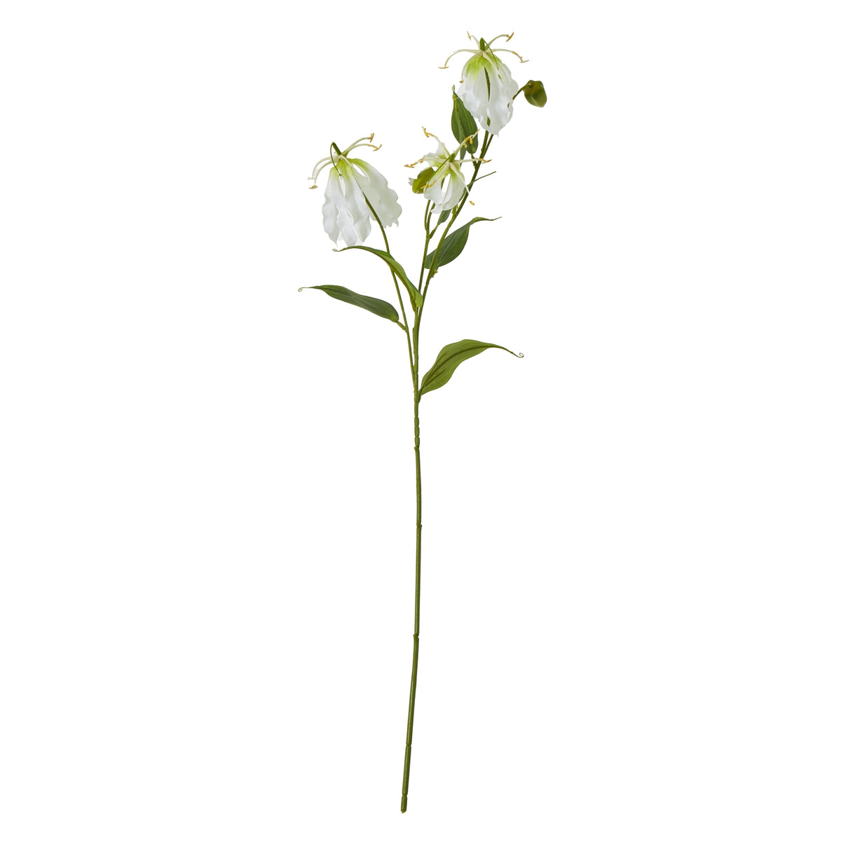 Full view of a slender green artificial flower spray with hanging white blooms, green buds and narrow leaves against a white background.