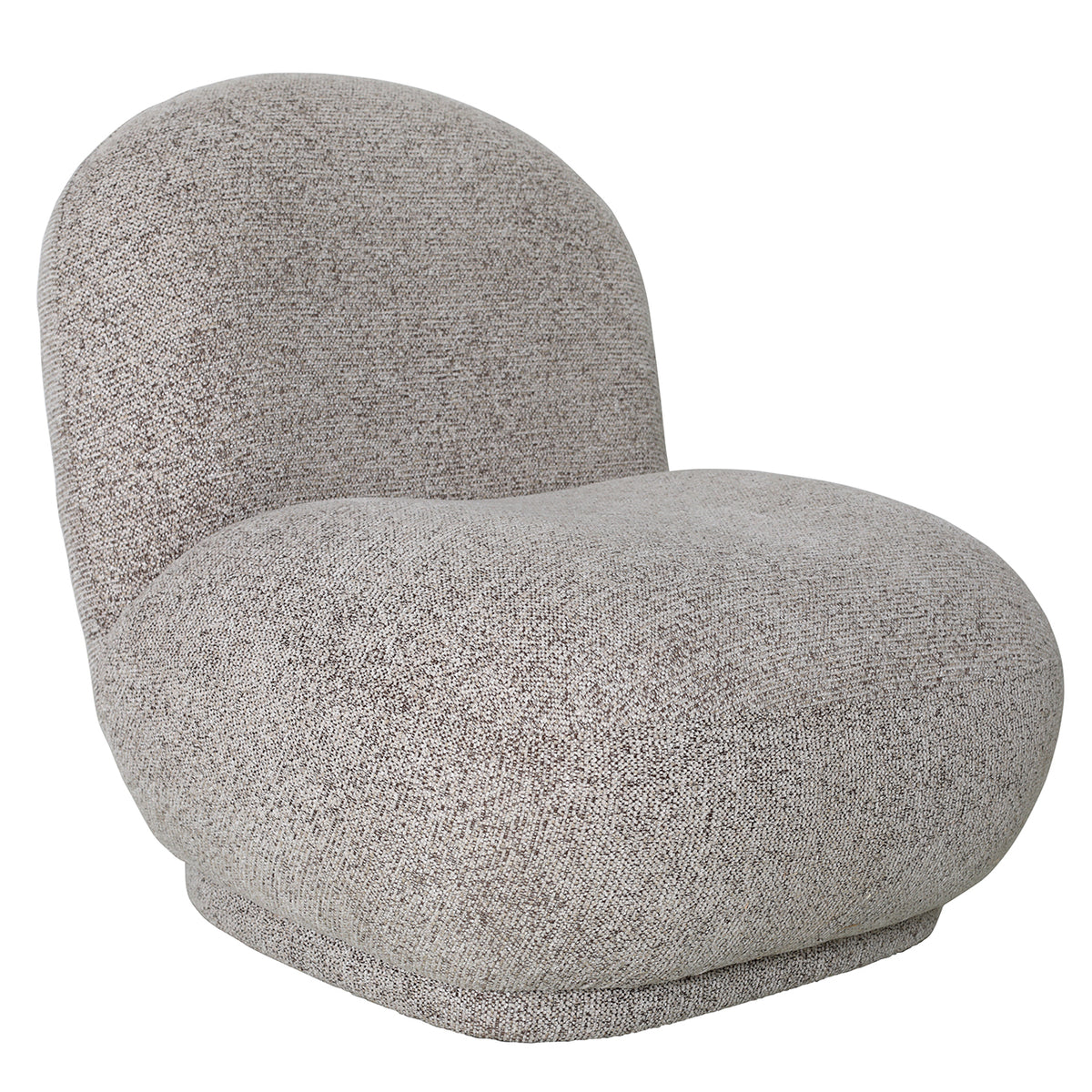 Opposite three-quarter front view of the taupe and grey chair, showing the broad armless seat and low base.