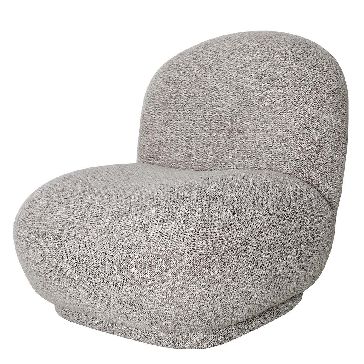 Three-quarter front view of the Harbour Lounge Chair, showing its rounded seat, curved back and recessed upholstered plinth.