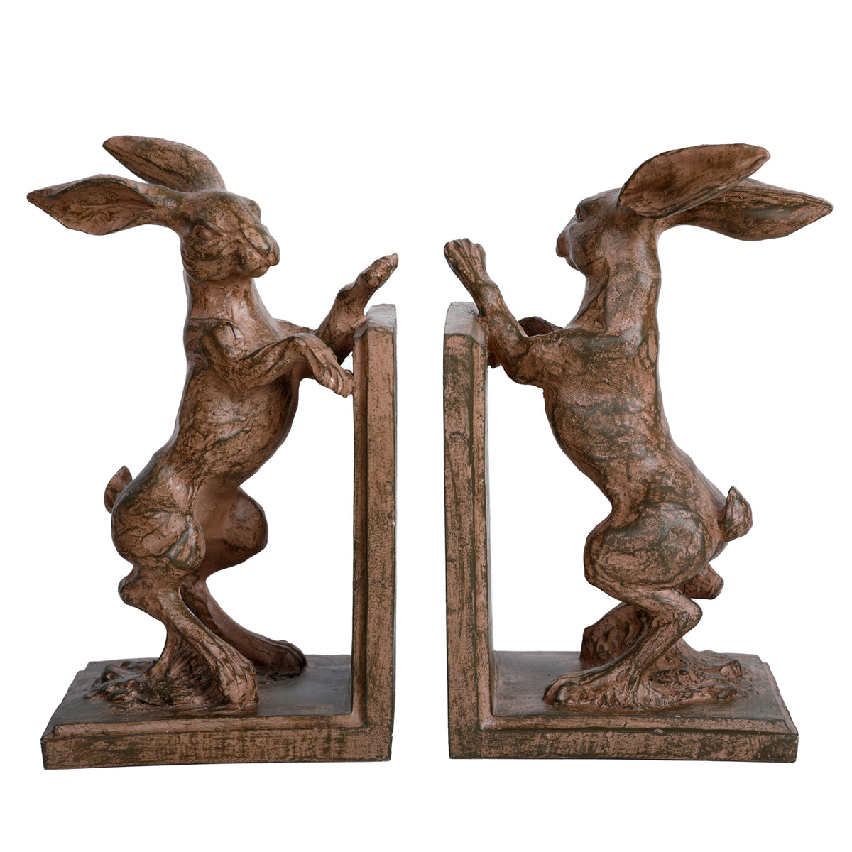 Pair of weathered copper-bronze toned hare bookends facing each other with raised paws on L-shaped bases.