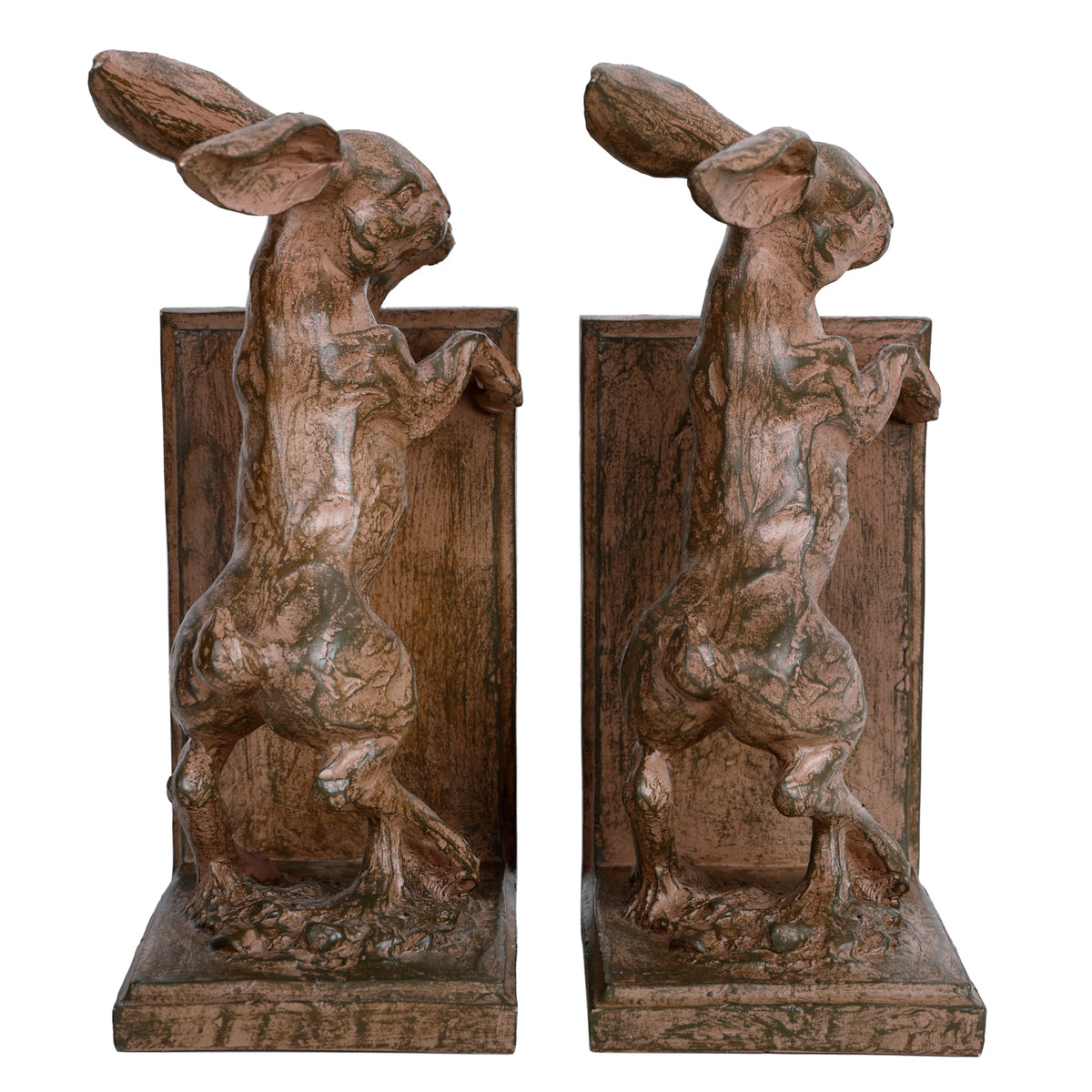 Side view of both hare bookends facing right, showing long ears, sculpted flanks and rectangular upright backs.