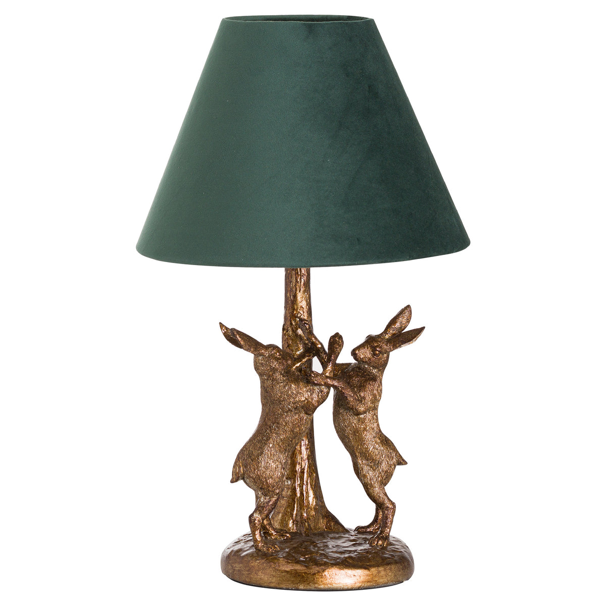 Hare Duet Table Lamp on a white background, with two gold-toned hares facing each other beneath a tapered dark green shade.