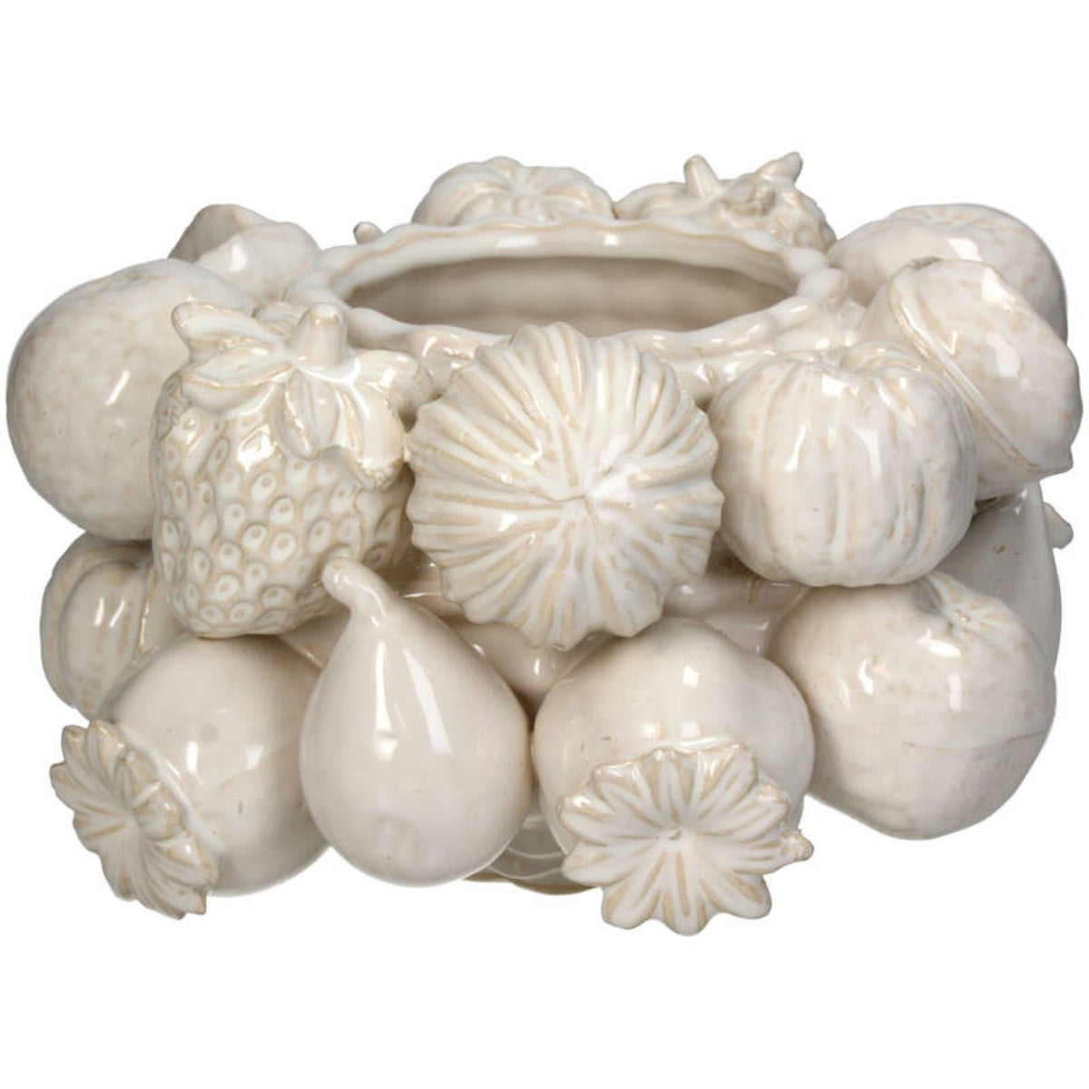 Ivory Harvest Vase viewed at an angle, showing overlapping fruit and flowers around the central opening.