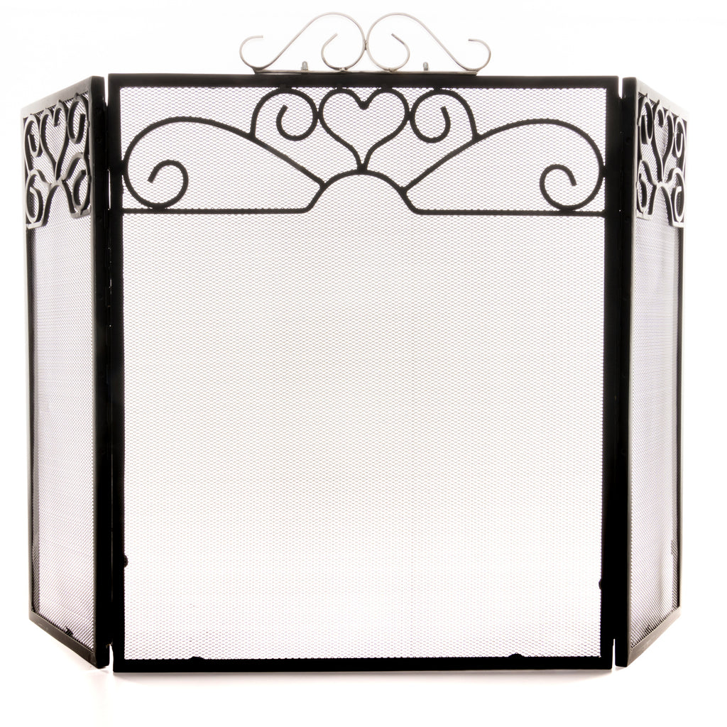 Front view of a black mesh fire screen with angled side panels, heart and scroll decoration and a silver-toned crest against a white background.