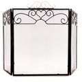 Front view of a black mesh fire screen with angled side panels, heart and scroll decoration and a silver-toned crest against a white background.