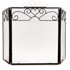 Front view of a black mesh fire screen with angled side panels, heart and scroll decoration and a silver-toned crest against a white background.