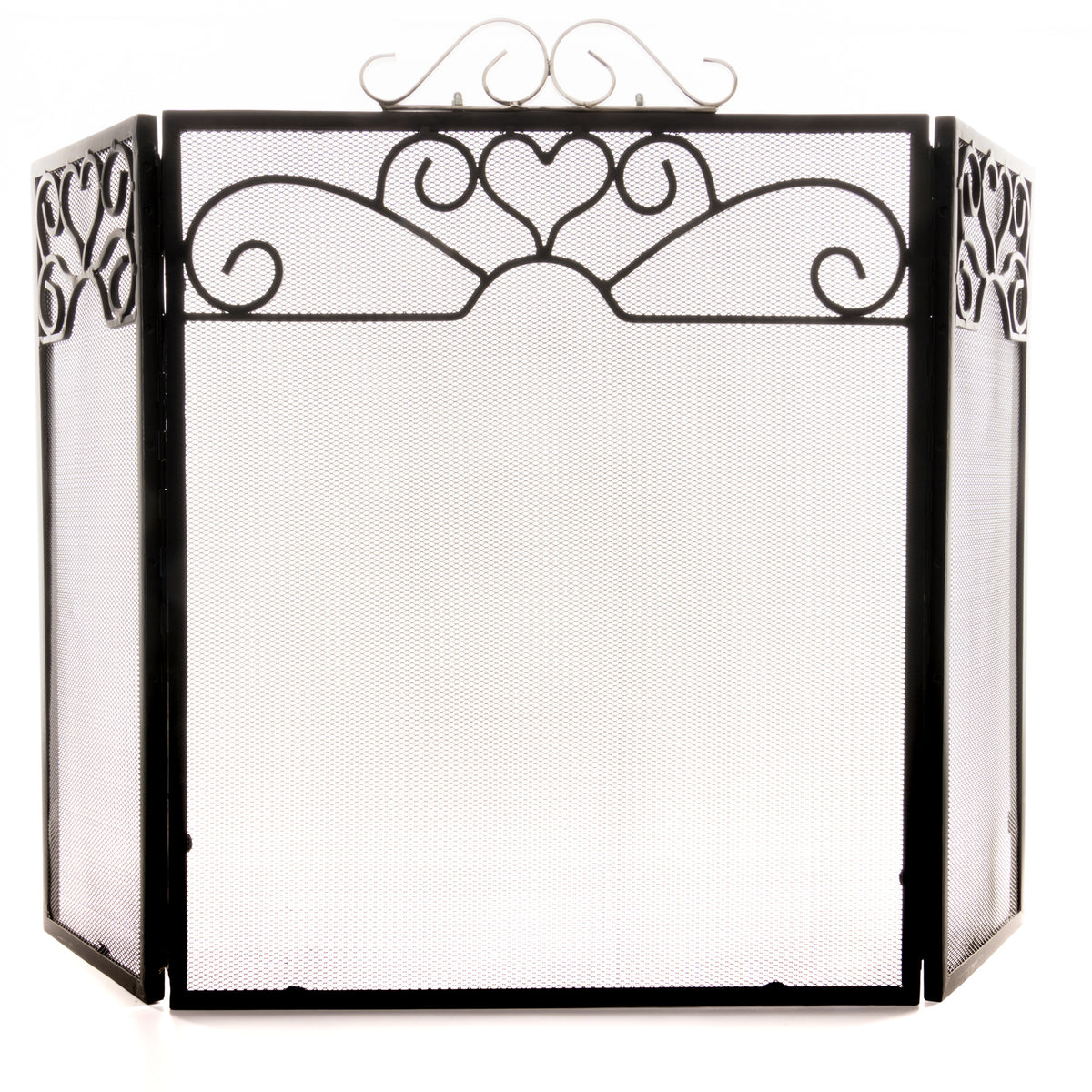 Front view of a black mesh fire screen with angled side panels, heart and scroll decoration and a silver-toned crest against a white background.