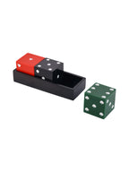 Red heart and black dot dice inside the tray, with the green shamrock die standing separately beside it.