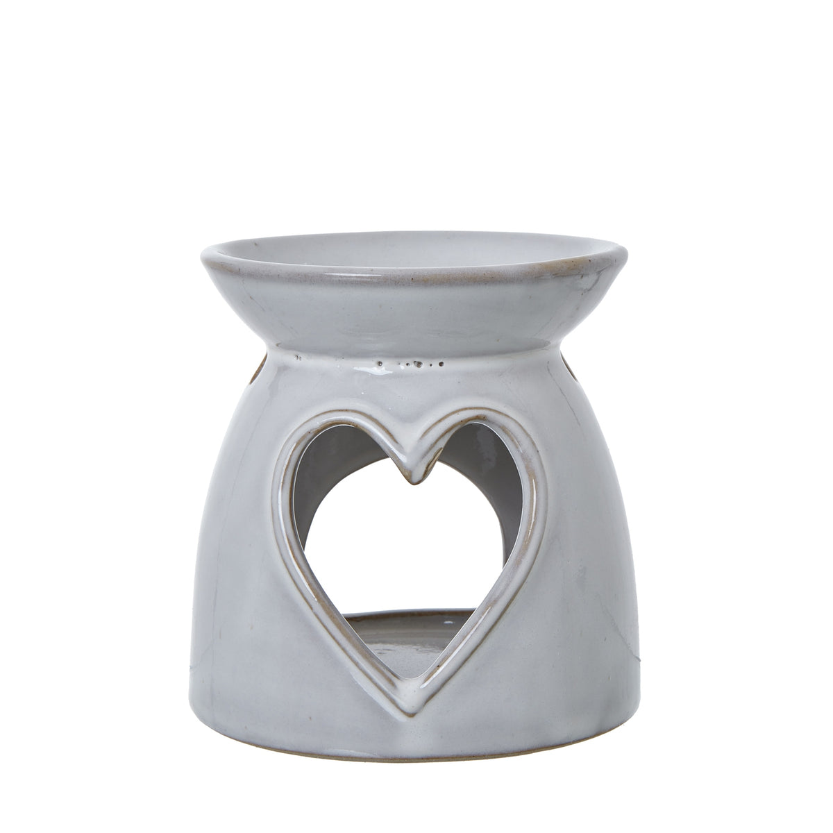 Front view of the glossy off-white warmer with a tan-edged heart opening beneath the wide bowl.