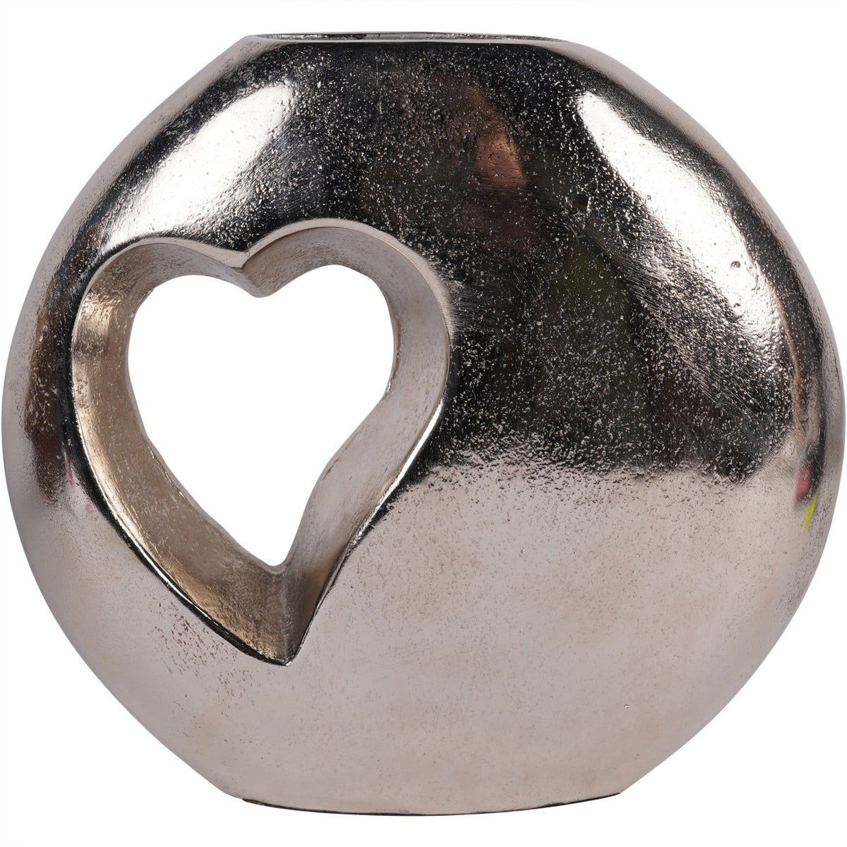 Front view of the rounded silver vase with a heart-shaped cut-out and textured reflective surface.