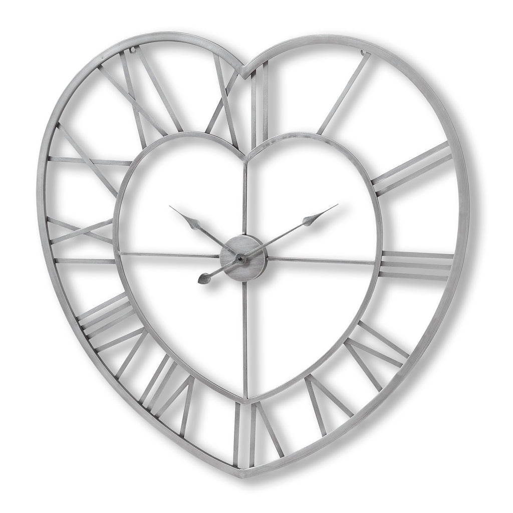 Front view of the silver-toned Heartframe Wall Clock, with Roman numerals between two open heart outlines.
