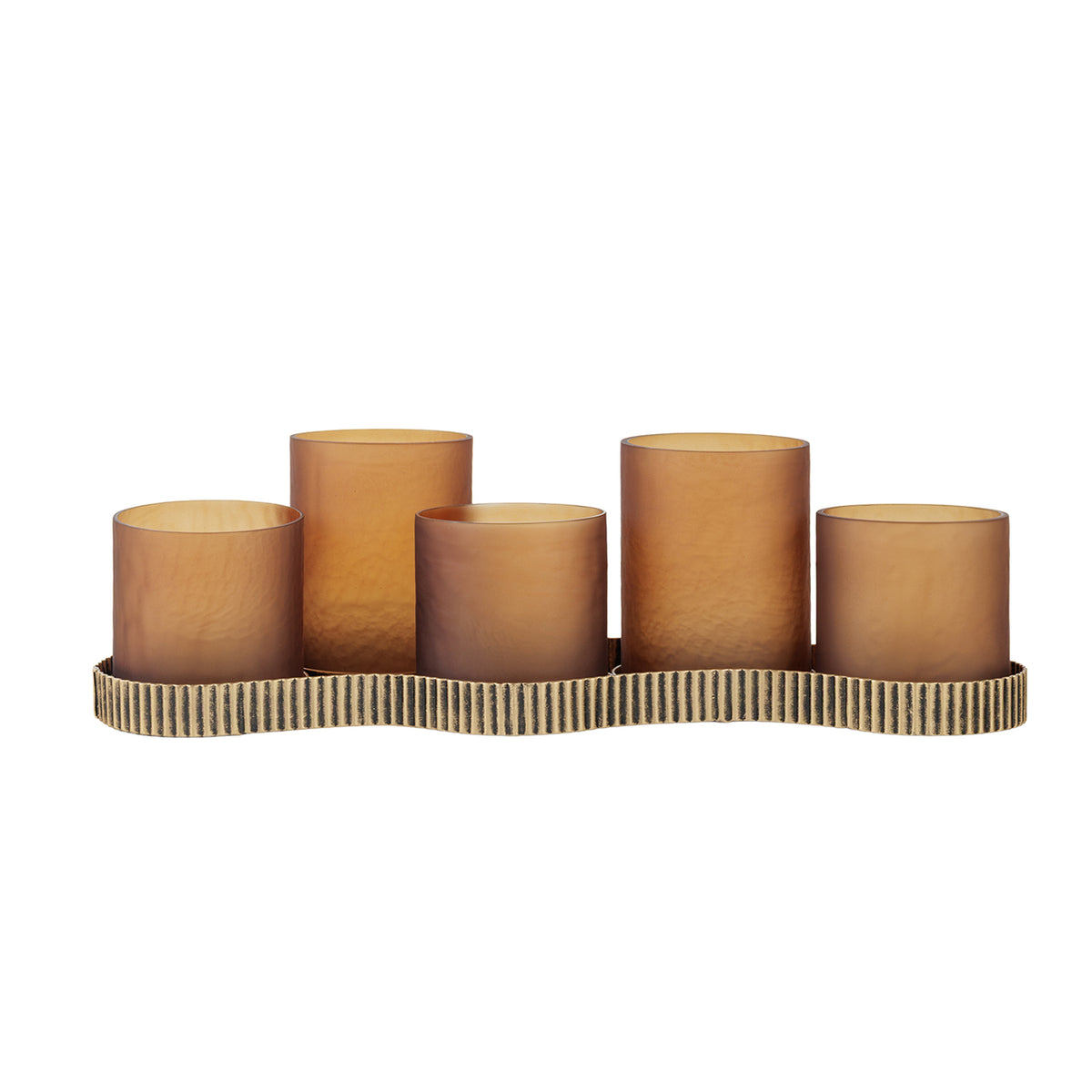 Front view of five amber glass candle holders at alternating heights on a wavy, ribbed aged gold base.