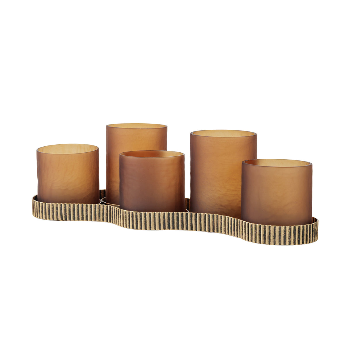 Angled view of the five-light candleholder showing the staggered glass cylinders and curved outline of the base.