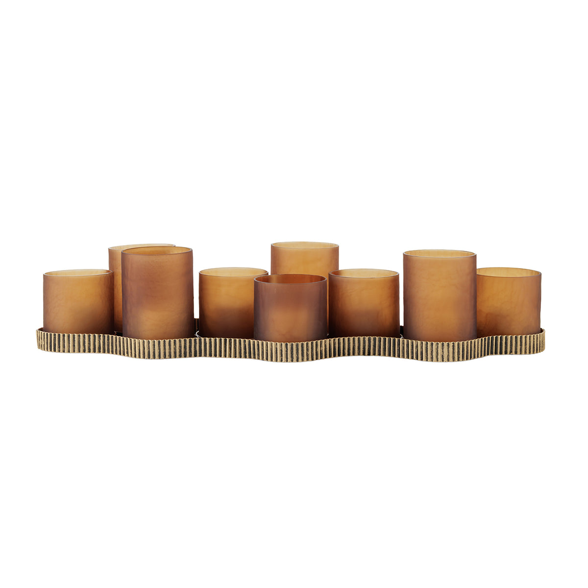 Front view of nine amber-brown glass votive holders at alternating heights on a winding, ribbed antique gold base.
